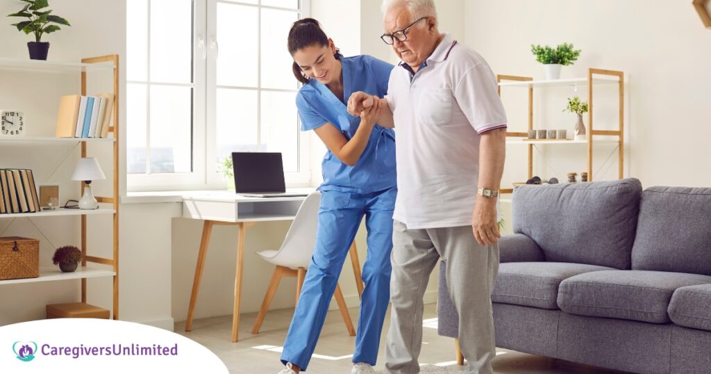 Seniors may need extra help after a fall, and elder care professionals, like this one helping a senior client, can make a massive difference.