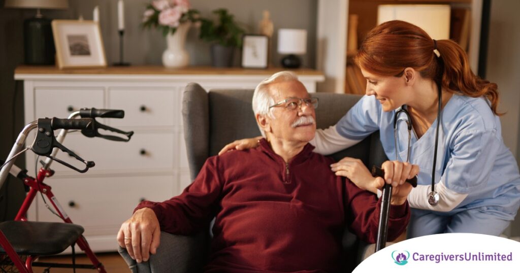 A caregiver helping a woman with a walker make her senior home safer.