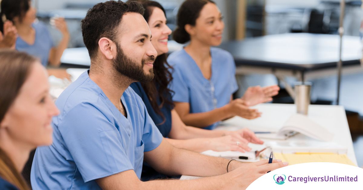 Senior caregivers attend a professional development course.