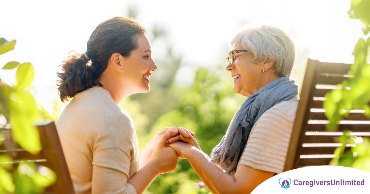 Caregiver provides at home senior services to an elderly loved one