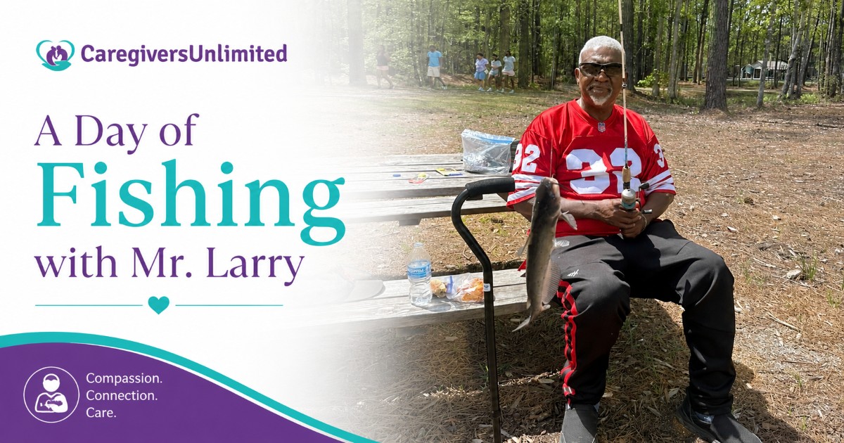 Mr. Larry proudly showing off a catfish he caught on his fishing trip, highlighting the engaging senior care provided by Caregivers Unlimited.